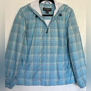 Eddie Bauer Hooded Jacket Womens SZ Large Full Zip Blue Plaid Pocket On Sleeve￼